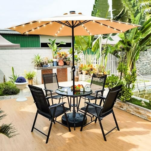 Outdoor-Essgruppe mit LED-Regenschirm, Klappbare Stühle, runder Tisch für Terrasse, Garten