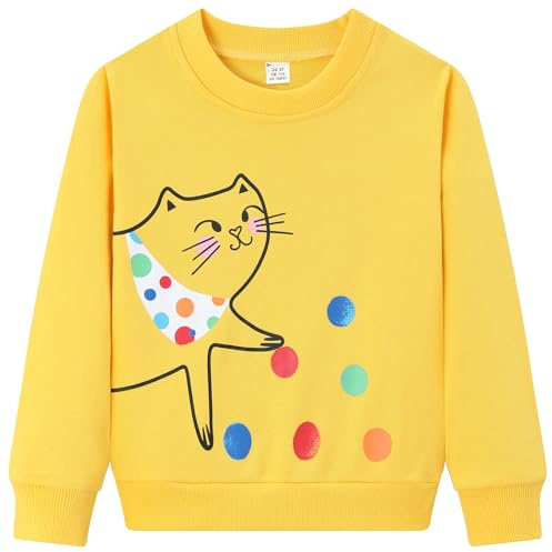 Dinopjs Girls Sweatshirts Casual Pullover Cute Cat Spotted T-shirt Rainbow Spotty Girl Kitty Cotton Crewneck Polka Dot Long Sleeve Tops Children in Need Warm Shirts Clothes for Kids, Yellow