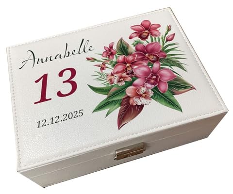 Personalised Birthday Jewellery Box, Orchid Flower Design, 13th Birthday Gift, White Leatherette