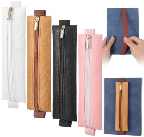 Bremorou Elastic Pen Sleeve For Notebook Adjustable Pu Leather Pen Sleeve Pouch With Elastic Strap Band Detachable Straps For Journal Planner And Books 4 Colors (White, Black, Pink, Caramel)