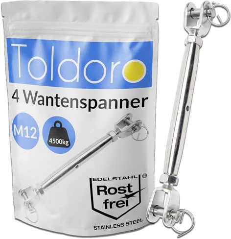 4x M12 Wantenspanner Edelstahl rostfrei V4A / Sonnensegel Spanner, Spannschloss, Seilspanner, Drahtspanner Gabel als Sonnensegel Zubehör/geschlossene Form