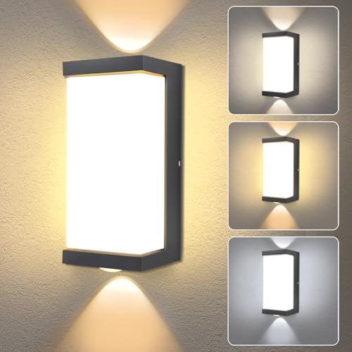 JaneYi LED Wandleuchte Innen Aussen 3 Lichtfarben Einstellbar 3000K-6500K ABS Up & Down Leuchte Außen IP65 Wasserdicht Wandlampe Moderne Außenbeleuchtung für Hauswand Flur Treppenhaus Garten - Schwarz