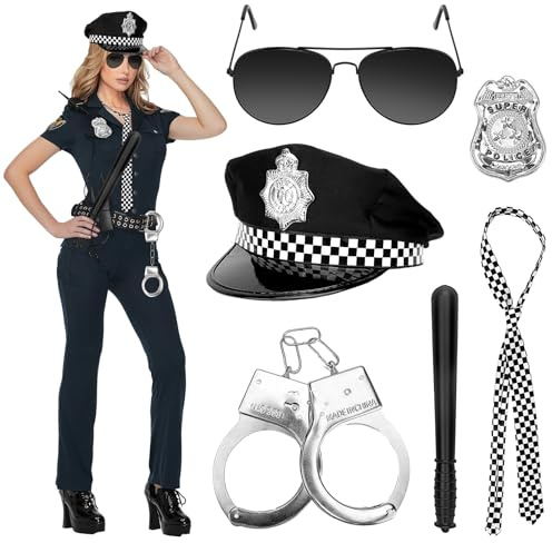 Kkluno Polizei Kostüm Damen Herren-Polizei Hut Handschellen Polizeiabzeichen Schlagstock Krawatte Schwarze Brille für Erwachsene, Karneval Polizist Kostüm Zubehör Set für Swat Cop