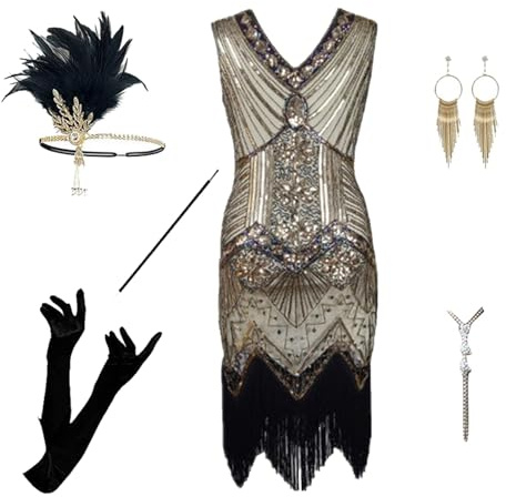 20er Jahre Kostüm Damen mit Accessoires Gatsby&Charleston Flapper Kleid für Fasching Charleston Kleid Flapper Kleid mit Pailletten Perlen Fransen Netzstrümpfe Vintage Mafia Kostüm Damen Cocktailkleid