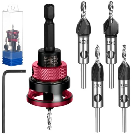 NUTKIT Juego de 6 Broca Avellanadora para Madera con Tope de Profundidad | Diámetro 2.8/3.2/3.5/4 mm,con Llave Hexagonal y Vástago de Broca de 1/4 de Pulgada,para Carpintería y Bricolaje(Rojo)