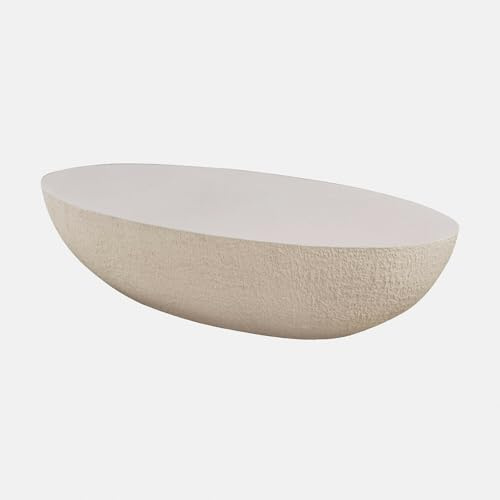 Loberon Couchtisch Maraveda - Naturstein-Look - Ovale Form - Hohler Kern - für Terrasse und Wohnzimmer - Gartenmöbel - Polyresin - Steinpulver - Fiberglas, weiß