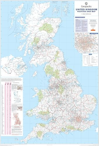 UK Postcode Wall Map - Laminated Large Wall Map - 120cm X 83cm - Clearly Shows Postcode, County And District Boundaries, Main Roads, Cities, Towns And Villages