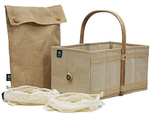 achilles Handle-Box Natur, Einkaufskorb, Einkaufstasche, Tragekorb, Einkaufskorb mit Obst- und Gemüsenetz, Natur-Korb mit Holzgriff, Natur-Klappbox, Faltbox, 40 cm x 24 cm x 20 cm