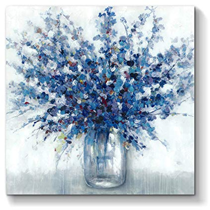 TAR TAR STUDIO Leinwandbild, abstrakter Blumenstrauß, blaue Blumen in Vase, Kunstdruck, Gemälde für Wohnzimmer, Büro, 61 x 61 cm, verschiedene Größen