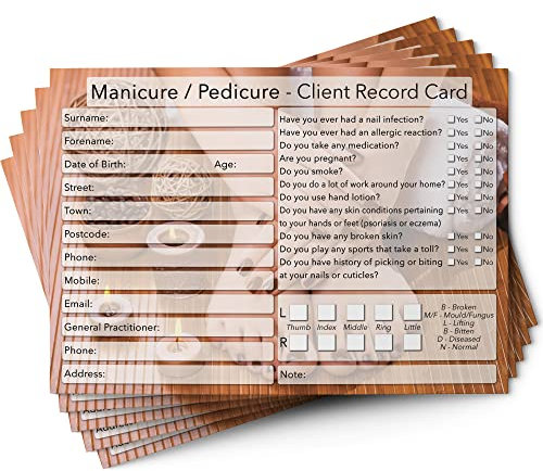 Nail Manicure Pedicure Client Cards A6 Size - Salon and Therapist Customer Consultation Record - Treatment Services Essentials - Profile and Recording Forms - 105x148mm - Pack of 50