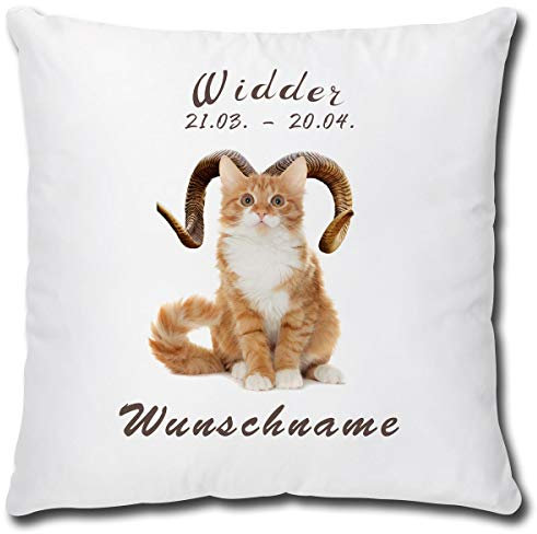 TRIOSK Kissen Katzenmotiv mit Namen personalisiert Sternzeichen Widder Dekokissen Katze lustig Geschenk für Katzenliebhaber Frauen Mädchen Kinder 40x40 Weiß Beige