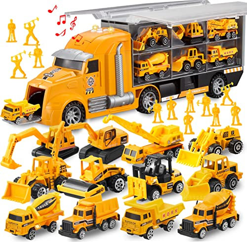JOYIN 25 en 1 Juego de Juguetes camión de construcción fundidos a presión (Incluye Tractor Excavadora transportadora) con Sonidos y Luces, Regalos de cumpleaños para niños a Partir de 3 años