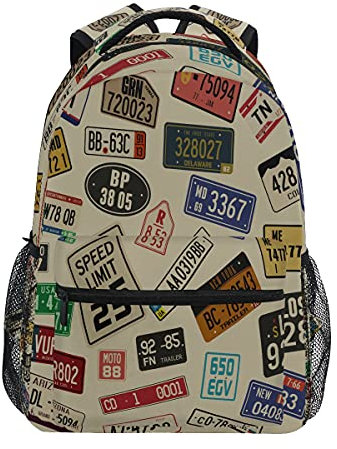 Backpack Retro Car Number Plates Travel Daypack Large Capacity Rucksack Casual School Book Bag Shoulder Straps Computer Laptop Bag for Womens Mens Teenage Girls Boys
