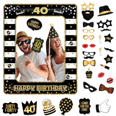40th Foto Requisiten und aufblasbarer Rahmen,34 Stücke Fotobox Accessoires Fotokabine für 40.Geburtstagsfeier,Party Foto Booth Props Mix von Kappen,Weinglas,Lippen Stift,Krawatte,Kronen und mehr