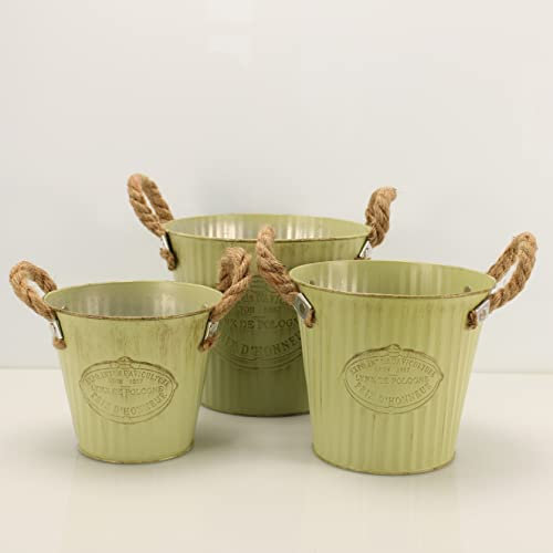 OF 3 Blumentöpfe aus Metall im Vintage Look - Blumentopf, Pflanzkasten Set - Grün, Weiß, rund oder oval (Grün rund P55)