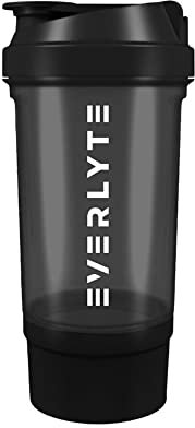 EVERLYTE - Schwarzer Shaker / 500 ml & 150 ml Behälter/Sportshaker mit Druckverschluss, Sieb und Mess-Skala/Fitness Shaker für klumpenfreie Shakes/BPA & DEHP frei/Spülmaschinenfest