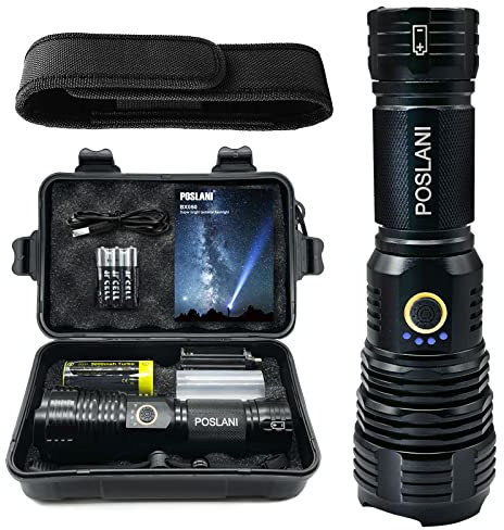 Poslani flashlights LED high lumens Rechargeable, Extremely Bright 50000 lumens Flashlight, IPX67 Water Resistant, 5 Light Modes, zoomable Tactical Flashlight for Emergency Camping Gift