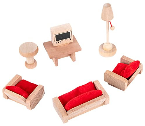 ISAKEN Puppenhaus Möbel aus Holz, 1:12 Miniatur Puppenhaus Zubehör Mini Puppenhaus Zubehör Zarte Miniatur Sofa Möbel Esstisch Familienpuppen Spielset Geschenk für Kinder Jungen und Mädchen