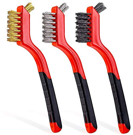 Ailopta cepillos Alambre pequeño,Cepillo Alambre Suave para Limpieza | 3 cepillos Alambre latón/Acero Inoxidable/Nylon para Limpiar el óxido con empuñadura Curva