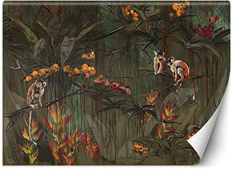 Feeby Fototapete Dschungel Blätter Affe 300x210 cm Grün XXL Vlies Wandtapete Tapeten Wohnzimmer Schlafzimmer Jugendzimmer Moderne Design Wandbild Wand Dekoration Exoten Blumen Tropen