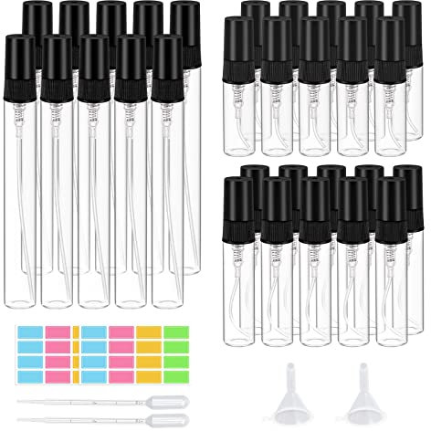 suruikei 30 Stück Parfumzerstäuber 3ml 5ml 10ml Glas, Mini Sprühflasche klein Zerstäuber Nachfüllbar mit Trichter Pipetten und Etikettenaufkleber, Parfüm Zerstäuber für Unterwegs