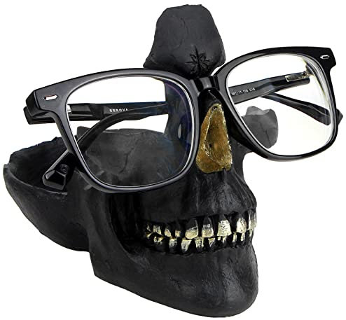 Mrlikale Totenkopf-Brillenständer, kreativer Brillenständer, Sonnenbrillen-Brillen-Display, Schlüsselhalter, Harz-Skulpturen für Eingang, Zuhause, Büro, Schreibtisch, Nachttisch (Schwarz)