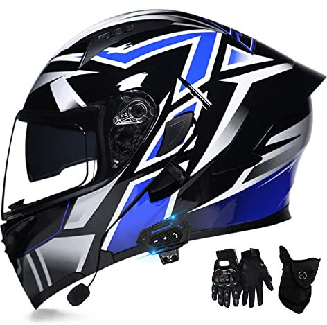 HZIH Bluetooth Motorcycle Modular Helmets,Full Face Flip Up Dual Visors Motorbike Helmets,DOT/ECE Certification Built-in Speaker Headset Microphone for Automatic Answering D,L=59-60cm