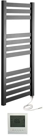Greened House VAS 500 x 960mm Designer Black Electric Towel Warmer Flat Panel Towel Rail + Timer and Room Thermostat