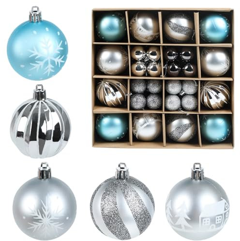 JOFONY Weihnachtsbaumkugeln,44 Stück Weihnachtskugeln Set,6cm und 3cm Christbaumkugeln Weihnachtsbaumschmuck Weihnachtskugeln Blau Silber baumkugeln für Indoor Outdoor Weihnachtsbaum Deko