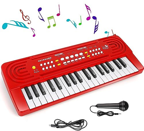 Shayson Kids Piano Keyboard with Microphone 37 Key Portable Music Piano for Childs Educational Electronic Musical Instrument Toys Gift for 3 4 5 6 Year Old Girls Boys Red, NO.9308-BL