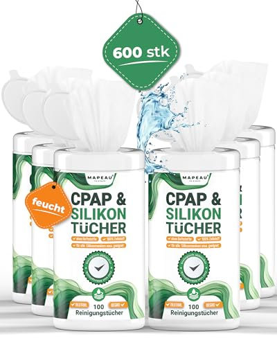 6x 100 Wipes CPAP Reiniger Tücher Mapeau, Reinigungstuch für Silikon, Soft-Touch Gummi, Feuchttücher in Dose für Masken (6)