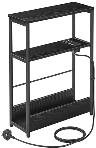 VASAGLE Slim Side Table with Charging Station, 3-Tier Narrow Bedside Table, End Table for Small Spaces, Magazine Rack, for Living Room, Bedroom, Study, Ebony Black and Ink Black LET335B03