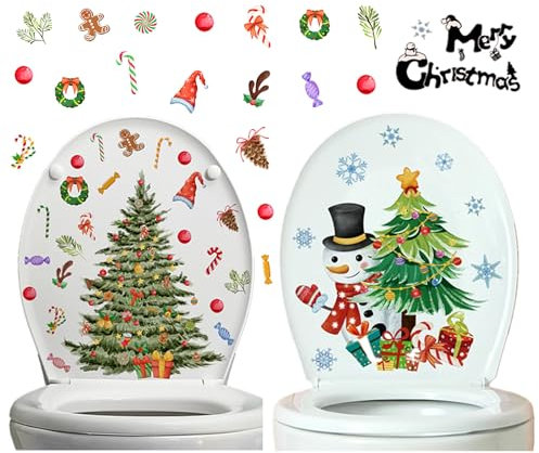 HIMKI Weihnachten Toilettenaufkleber 2 Stück Weihnachtsaufkleber Weihnachtsbaum & Schneemann Toilettendeckel Sticker Selbstklebend Aufkleber als Türaufkleber Fenstersticker Wandtattoo (Weihnachten)