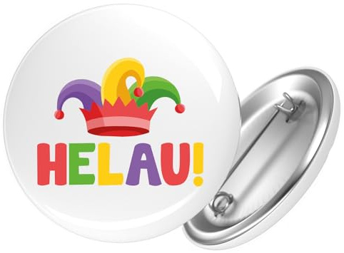 Huuraa Button Helau Narrenkappe Geschenk | Der runde 59-mm-Ansteckbutton mit Motiv und Sicherheitsnadel ist eine kleine Geschenkidee für Jacken und Rucksäcke.