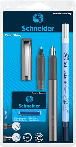 Schneider 74866 Ceod Shiny Schreibset mit Füller, Tintenroller, Tintenkiller (Rechts- und Linkshänder, M-Feder, inkl. Tintenpatronen königsblau) graphit