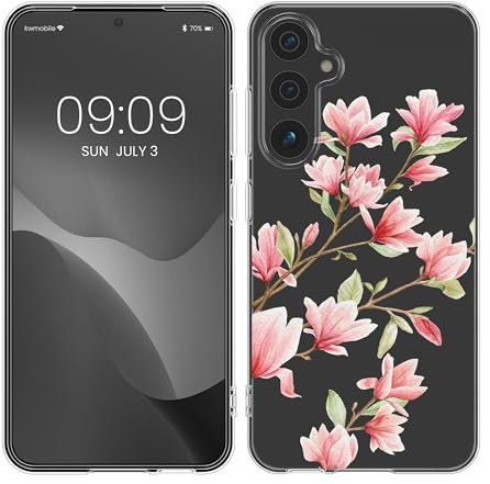 kwmobile Custodia Compatibile con Samsung Galaxy A55 5G - Cover Silicone TPU - Protezione Back Case - Magnolie rosa/bianco/trasparente