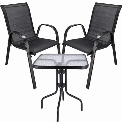 JUMI Praktischer Gartentisch Fiesta - 60 x 70 x 60 cm, Rechteckig Balkontisch Klappbar Mit Zwei Gartenstühlen, Glasplatte, Metallbeine, UV-beständiges Material - Schwarzer Tisch, Schwarze Stühle