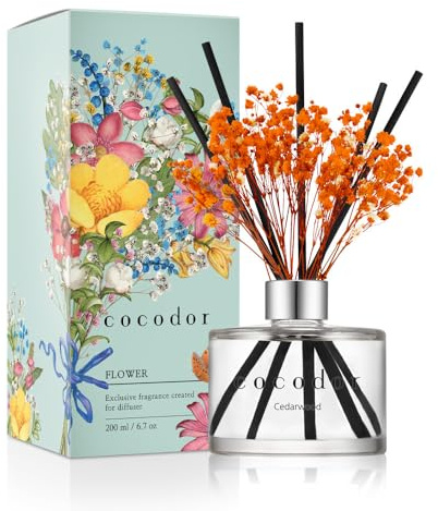 COCODOR Flower Reed Diffuser set / 6.7oz(200ml) / Cedar Wood/Scent Diffuser with Sticks Home Fragrance Reed Diffuser for Bathroom Shelf Decor