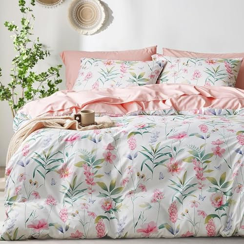 Freyamy Housse de Couette Fleurie 200x200+2 Taie d'oreiller 65x65 Rose Vert Coloré Feuilles Floral Parure de lit 2 Personnes Adulte Fleurs Sets de Housse Couette en Microfibre avec Fermeture Éclair