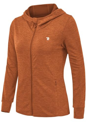 Rdruko Damen UPF 50+ Sonnenschutz Hoodie Laufjacke Sportjacke Leicht Langarm mit 4 Taschen Fitness Trainingsjacke Atmungsaktiv Wanderjacke (Orangenfarbig, L)