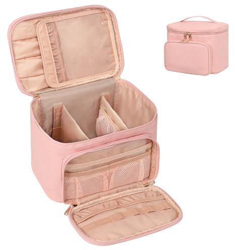Große Tragbare Make-up Tasche für Frauen und Mädchen - Mit Pinsel Fach, Stilvoller Veranstalter Kosmetik Fall, Griff und Teiler - Schwarz (Rosa)