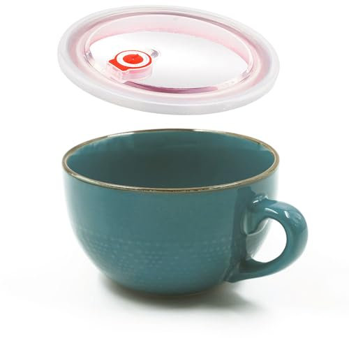 Dowbom Soup Bowl With Lid, 700ml Porcelain Ramen Bowl, Instant Noodle Microwave Safe, Large Soup Mug (Dark Green)
