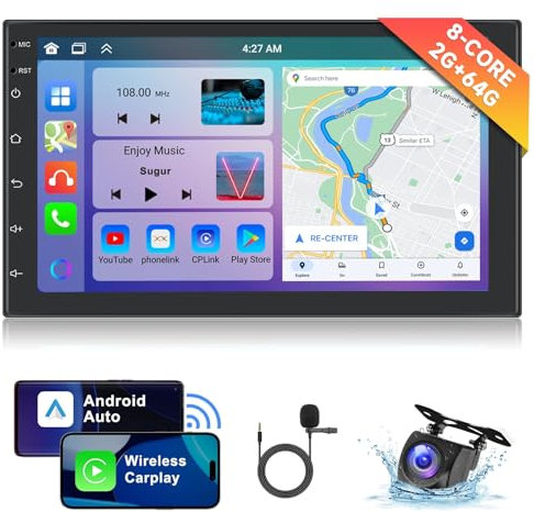 VECHTEL 8 Core 2G+64G Radio Coche 2 DIN con CarPlay inalambrico Android Auto, 7 Pulgadas 1280 * 720p HD IPS Pantalla para Coche con GPS DSP Wi-Fi Bluetooth 5.0 Enlace de Espejo FM RDS Radio