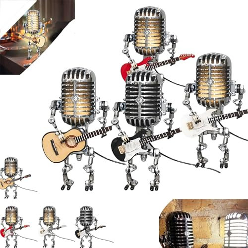 LOUPKC Vueeze Mic Rockbot, Sherum Mic Rockbot, Dotmalls Microphone Robot Desk Lamp, Vintage Microphone Guitar Lamp, Cool Guitar Gifts for Music Lovers and Guitar Player Desktop Decoratio(4pcs)
