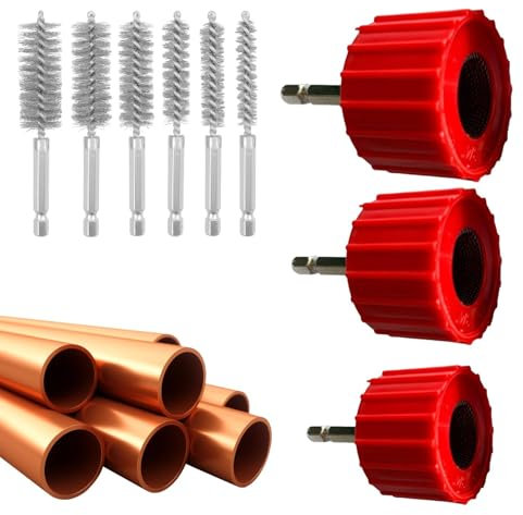 Copper Cleaning Brush - 3X Deburring Brush Drill Attachment Cleaner - Pipe Cleaning Tool, Tube Cleaning Brush with 6 Stainless-Steel Wire Bristles for Brazing