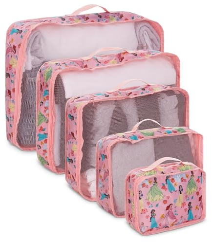 Disney Minnie Mickey Stitch Packing Cubes - Winnie the Pooh, Princess Cinderella, Cars, Toy Story 5 Piece Packing Cubes Compression - Travel Essential - Luggage Suitcase Organizer Set, Pink, 13 X 18