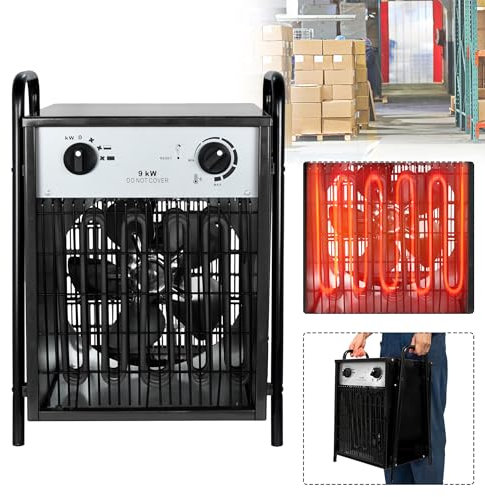 YUENFONG Heizlüfter 9KW, Elektroheizung Heizgebläse Heizstrahler 220V Bauheizer Elektroheizer mit 3 Heizstufen, Heizgerät Heizgebläse mit Thermostat, für Innen- und Außeneinsatz, 9000W