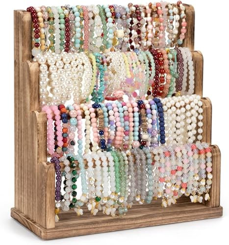 Emfogoo Espositore Bracciali, 4 Livelli Organizzatore Gioielli per Bracciali, Bracciali, Orologi, Collane, Legno Porta Bracciali, Supporto da Polso Rimovibile per Case, Fiere Artigianato e Negozi