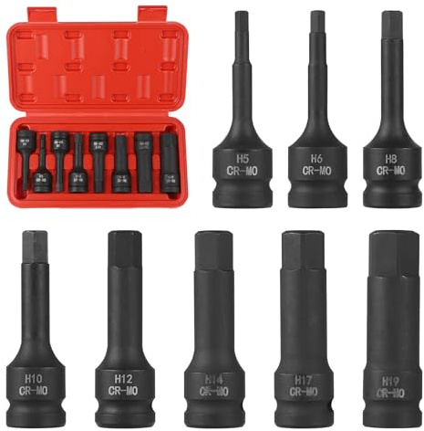 EFUTURETIME 8-tlg. Innen Sechskant Steckschlüssel Set 1/2, H5, H6, H8, H10, H12, H14, H17, H19, Nuss Satz mit Kasten für Innensechskant Schrauben