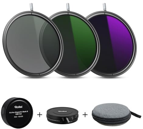 Rollei F:X Pro Magnetic Mark II VND Set 82 mm, Rundfilter Set mit 3 Magnetische Variable Graufilter ND2-ND500(1-9 Belichtungsstufen) für 82mm Kameraobjektive mit Kappen & Magnetischer Basisring